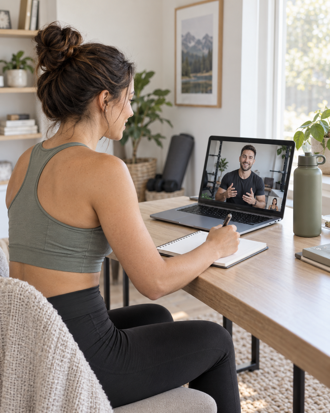 Adult attending an online fitness coaching session at home