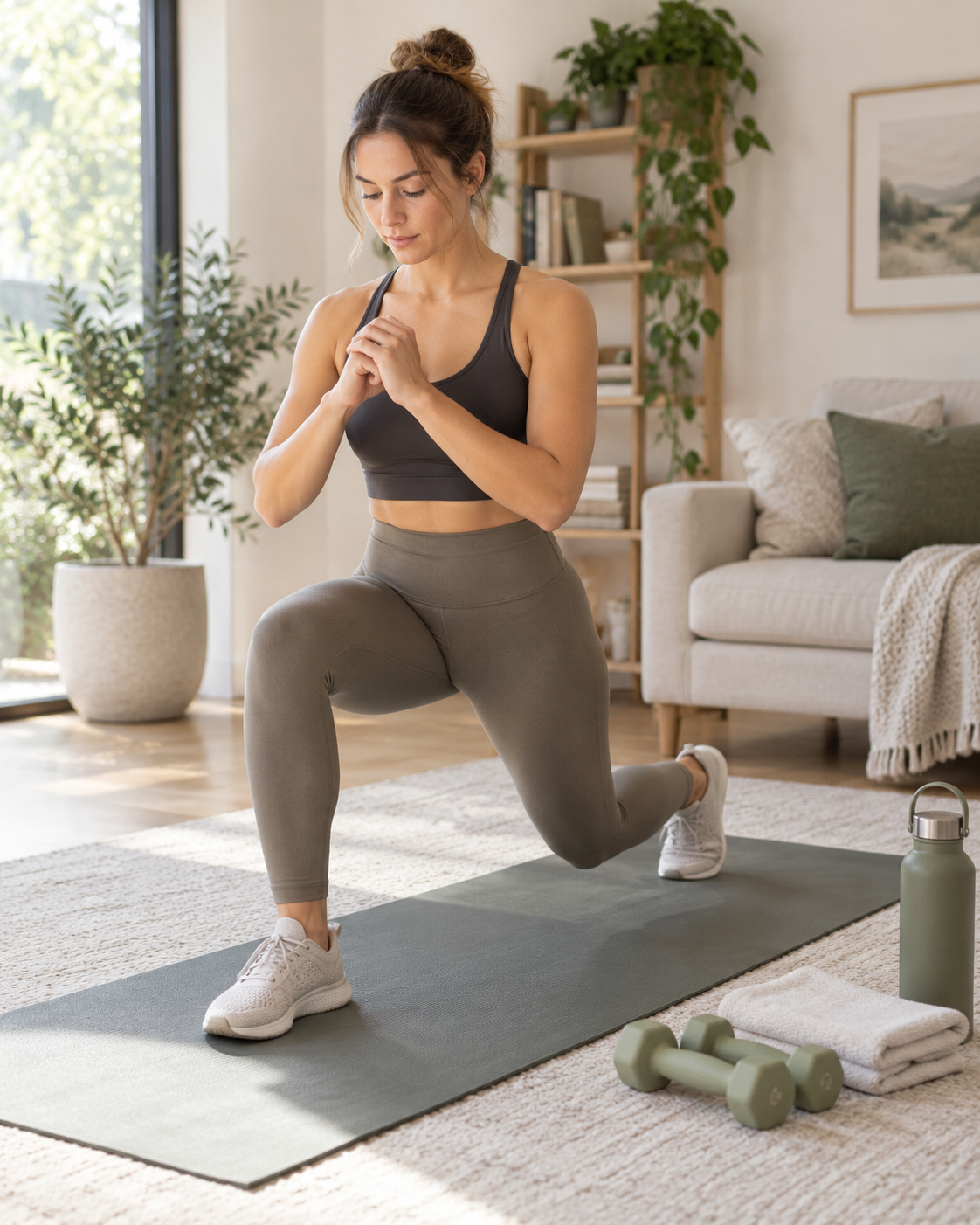 Adult completing a natural home workout with mat and dumbbells