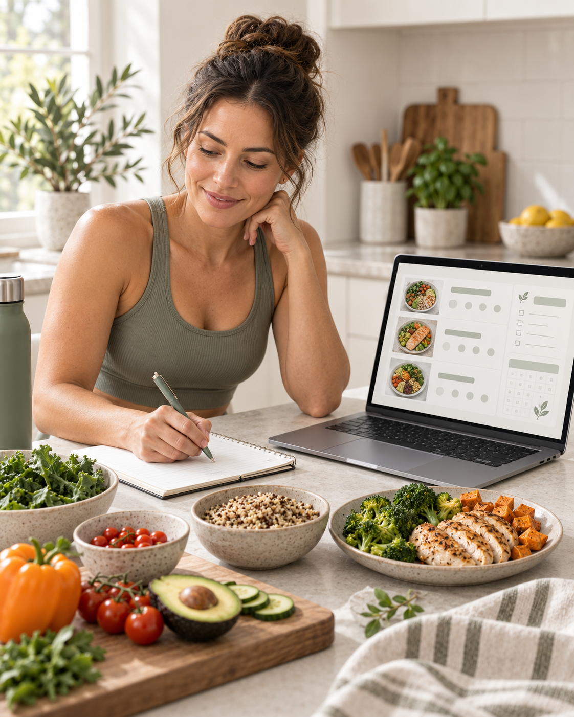 Adult planning personalized meals with a laptop and fresh ingredients