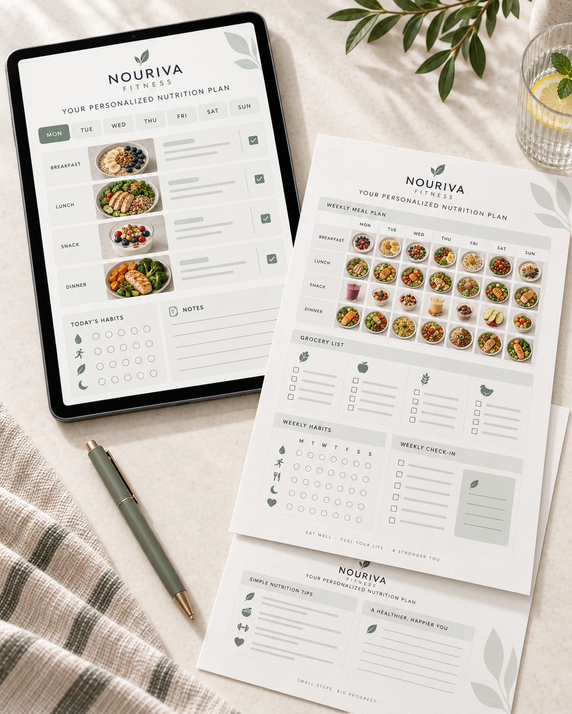 Personalized nutrition plan displayed on a tablet and printed pages