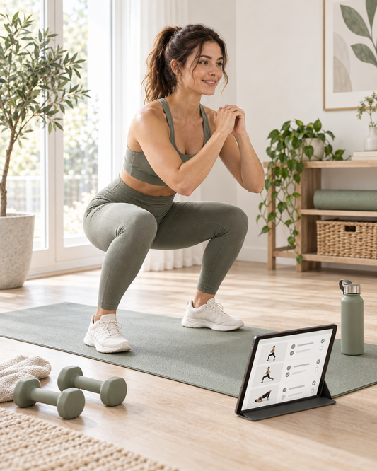 Adult following a personalized home workout with tablet and dumbbells