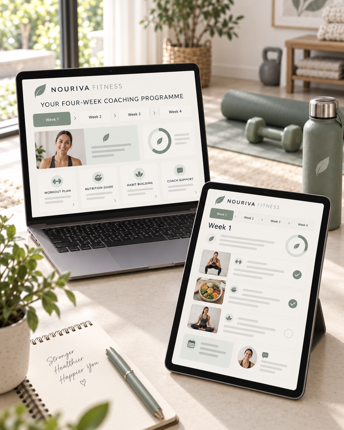 Four-week online coaching programme displayed on laptop and tablet