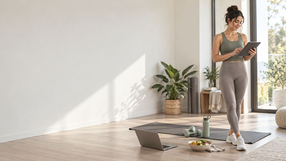 Adult reviewing an online fitness plan in a modern home workout space