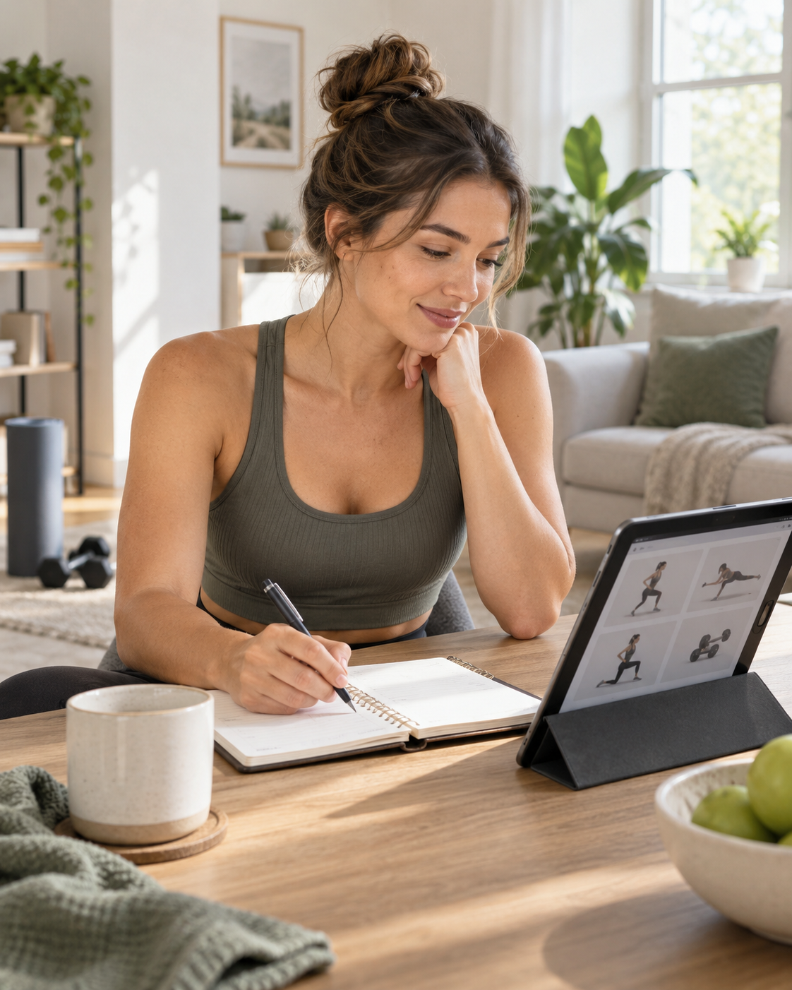 Adult planning a simple fitness routine using a notebook and tablet at home