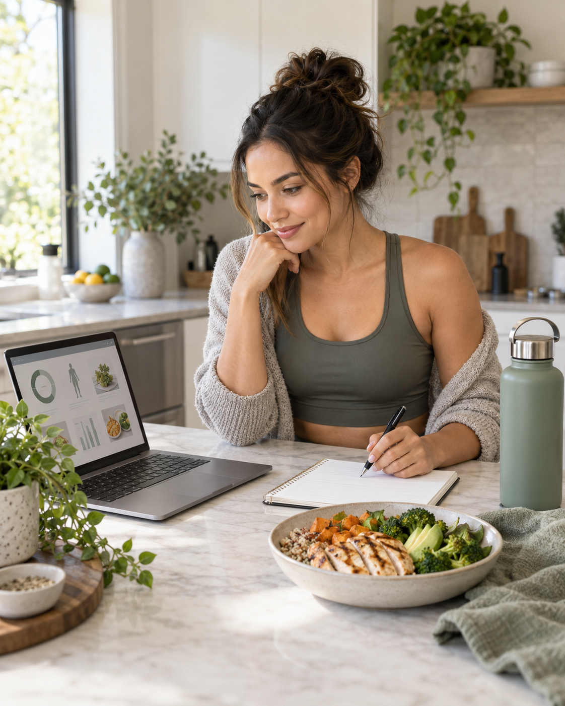 Adult reviewing a personalized fitness and nutrition plan at a kitchen counter