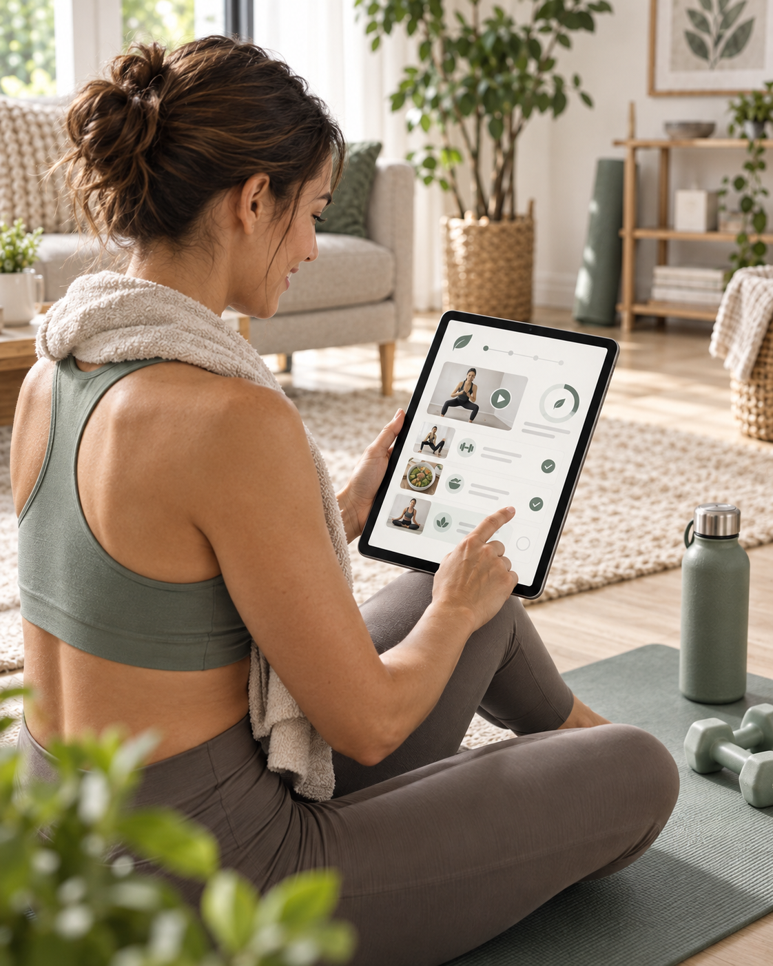 Adult checking a personalized fitness plan on a tablet at home