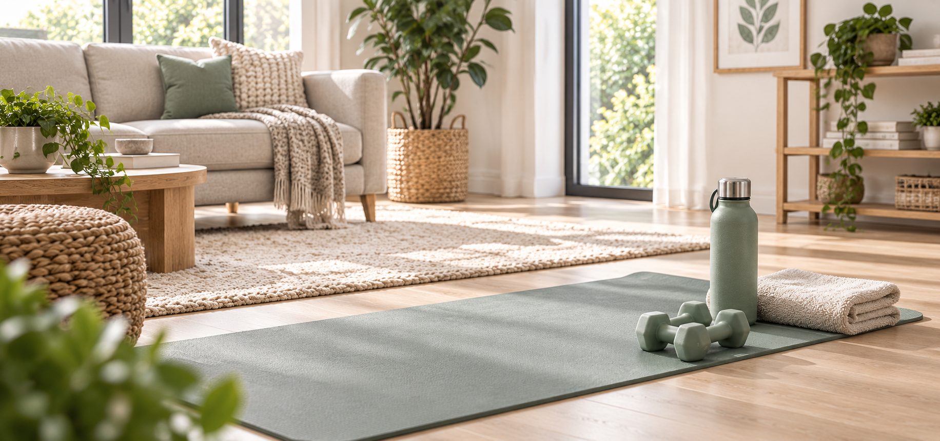 Bright modern home fitness space with yoga mat, light weights and water bottle