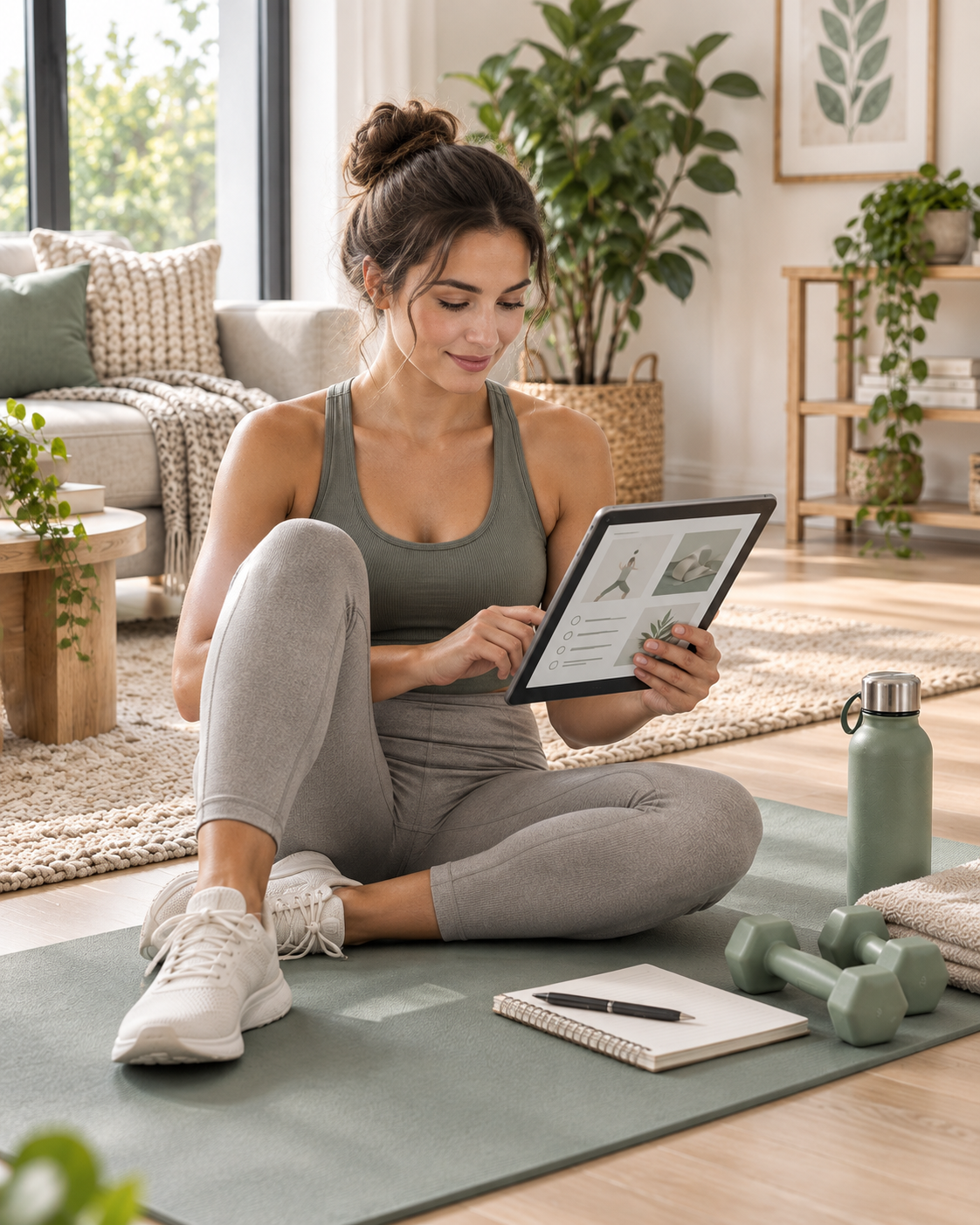 Adult reviewing a simple fitness plan on a tablet in a bright home
